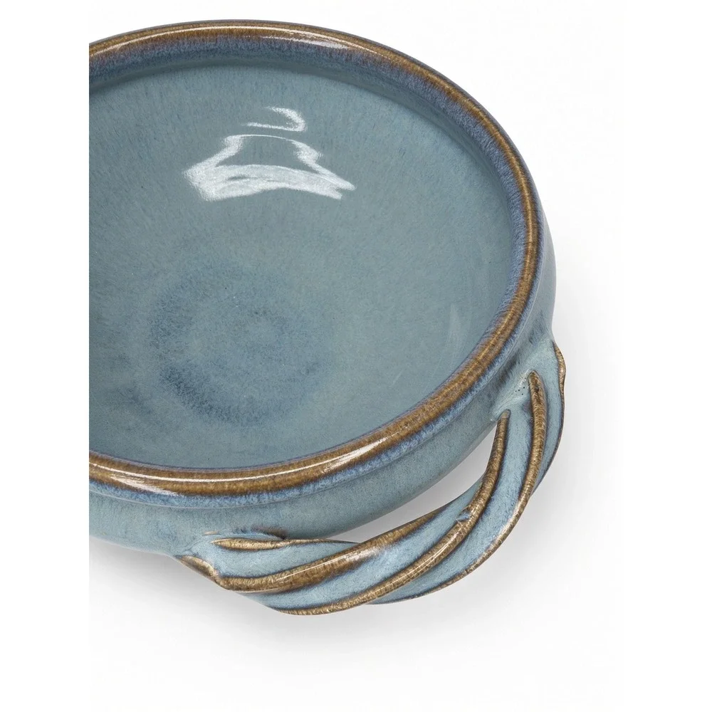 Hollman Studio Pottery Blue Glaze Bowl Twisted Handles Signed Stoneware 8in